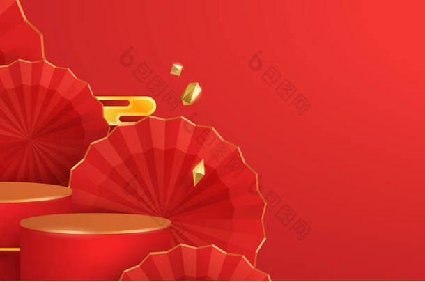 以东方<strong>节</strong>日元素的纸质图形风格为背景的中国<strong>农历</strong>新年红色和金色主题平台场景3D图片说明，作为产品展示的背景。设计的宽复制空间.