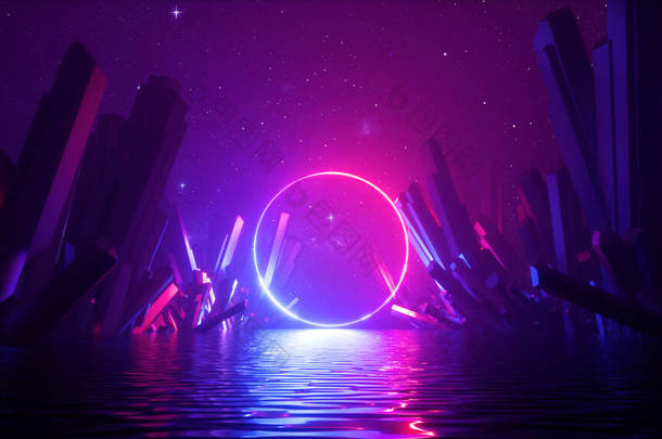 3D渲染，抽象的霓虹灯背景与发光的激光环，水晶下的星空和反射在水中。幻想的宇宙景观