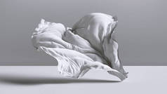 3D渲染。抽象的时尚背景，白色的窗帘落在空房间的地板上。丝绸纺织品被风吹走了