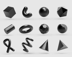 现实的三维黑色金属几何形状的物体。具有金属色梯度的白色背景中孤立的真实感几何元素.