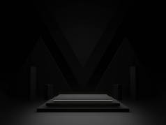3D黑色几何舞台平台，白色霓虹灯。黑暗背景.