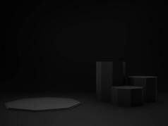 3D黑色几何产品平台。黑暗背景.