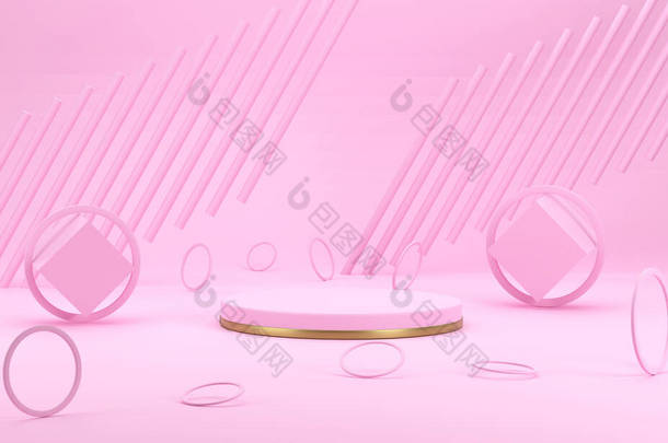 3D渲染。甜蜜的粉色讲台背景上有圆柱形的环状物。产品、销售、横幅、展示、化妆品、服务的舞台模拟展示.