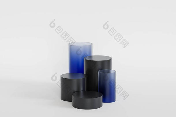 白色底色蓝色玻璃杯产品或广告的黑色底座或底座，3D渲染