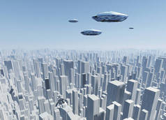 飞碟飞越了未来主义的大都市。日出