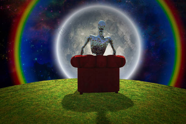 超现实的构图<strong>锈迹</strong>斑斑的外星人坐在鲜红的扶手椅上,明亮的月亮在生动的宇宙中.3D渲染