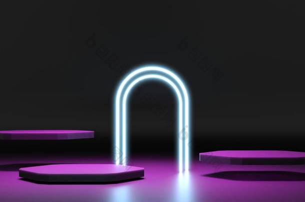 粉色背景上的霓虹灯发光框架。圆形圆柱形讲台。平台，产品基座。3D渲染说明。蓝紫色的霓虹灯。智能手机的技术背景