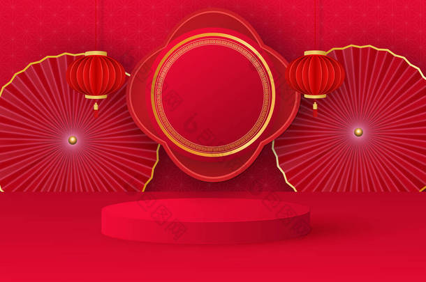 带有红色圆柱形讲台和中国节庆元素的简约舞台。产品展示的舞台，展示。B.病媒