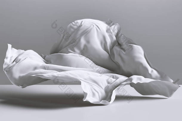 3D渲染。抽象的时尚背景，白色的窗帘落在空房间的地板上。丝绸纺织品被风吹走了