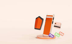 橙色手机或智能手机，带有屏蔽，空白搜索栏，在粉色背景上放大隔离。网络安全或隐私保护或软件保护概念，3D插图或3D渲染