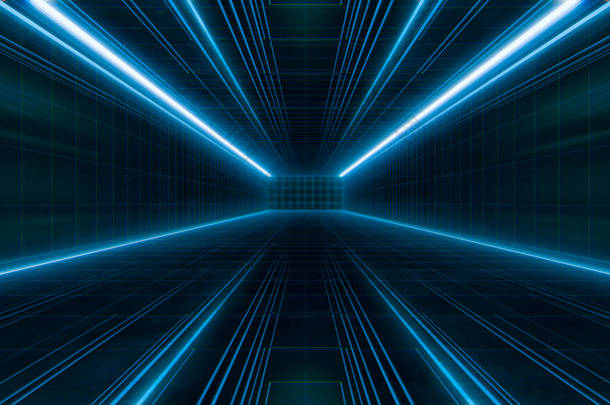 未来光线框<strong>隧道</strong>。长宇宙飞船走廊的内部视野.未来科幻小说背景的概念。3D渲染.