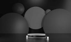 组合式平台产品最小场景与平台深灰色背景3D渲染.展示黑色的支架,以模拟白色的乳白色.在基座上展示美丽的背景.简单的圆筒白色设计