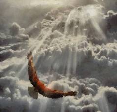 鹰在多云的天空中飞翔.3D渲染