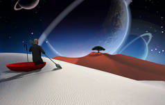 超现实主义绘画。在白色沙漠漂浮的红色雨伞的人。绿色的树在地平线上。天空中的大行星.