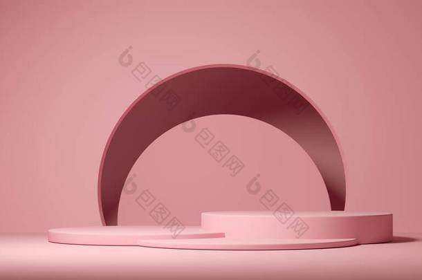 剪纸背景3D插图.建筑趋势的构成。圆柱形几何基座，讲台。柔和的粉红色紫色蓝色，柔和的颜色。时尚3D广告插图.