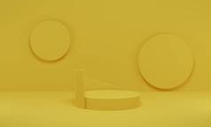 3D渲染。黄色圆筒平台最小背景.用于展示产品的几何形状抽象平台.