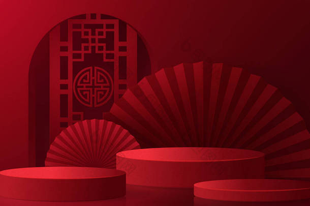 3D中秋节、中秋节、<strong>红剪纸</strong>、扇子、花卉及亚洲元素，背景为工艺风格.