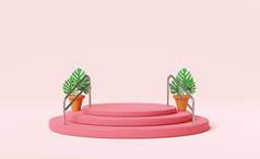 舞台讲台上空荡荡的楼梯，扶手，现代舞台展示用粉色作品中的叶绿素，简约的造型，抽象的展示背景，概念3D插图或3D渲染