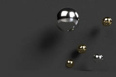 3D渲染抽象墙纸，背景。黑色背景上的金色和银色气球. 