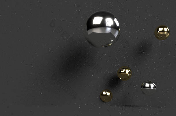 3D渲染抽象墙纸，背景。黑色背景上的金色和<strong>银色气球</strong>. 
