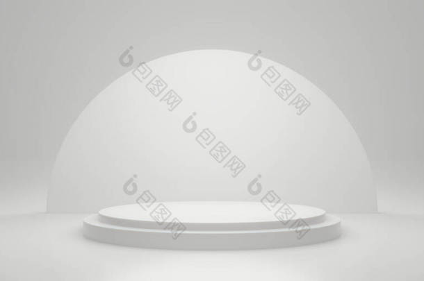 空白白色渐变背景与圆形产品显示平台.空荡荡的演播室，台座白色背景。3D渲染