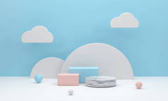 3D 。展台为正方形，大理石圆形，白色半圆形，背景为蓝色，有云彩，可供展示产品