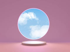 舒适而浪漫的粉色讲台，有窗户，可以看到天空和云彩。底座的图解。3D渲染