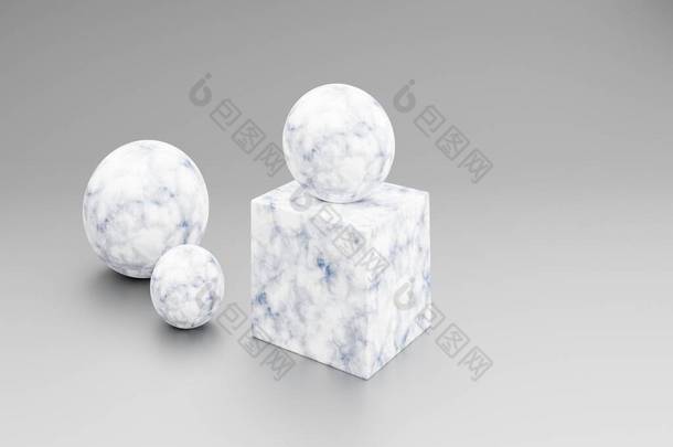 具有大理石纹理的立方体和球体的三维装饰图形。大理石石。摘要3D示例。3d渲染.