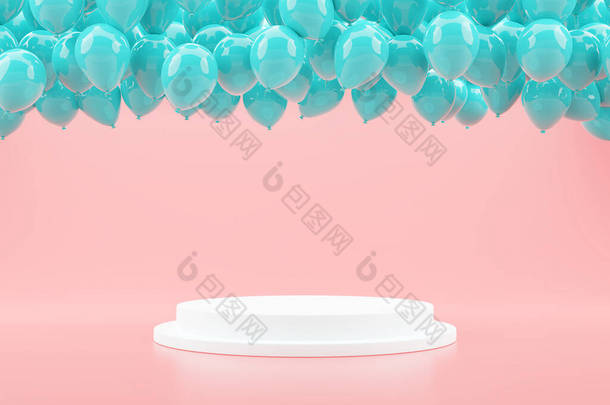 蓝色气球浮动威希特讲台展示，用于粉刷背景的产品展示、最小创意创意、促销、节庆季节、 3D渲染