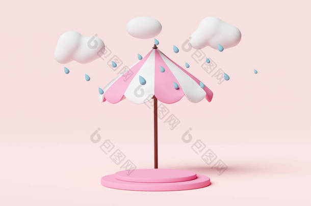 舞台讲台上空无一人，伞、云、雨滴与粉红背景隔离，保护与安全概念，3D图解或3D渲染