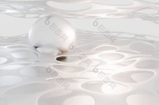 白色金属光泽网与大的球.摘要3D图解背景