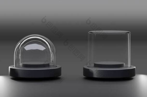 玻璃立方体盒、<strong>金字</strong>塔、圆柱体、球体或圆顶在黑暗的背景下相互隔离。调校空的透明玻璃窗或丙烯酸展示盒，放在塑料讲台上展示。现实的3D套