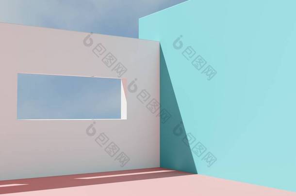 3D渲染最小建筑产品显示<strong>背景</strong>与高对比度和充满活力的色彩。地中海绿松石、<strong>粉色</strong>和白色地板以及有窗户的墙壁。<strong>天空背景</strong>.