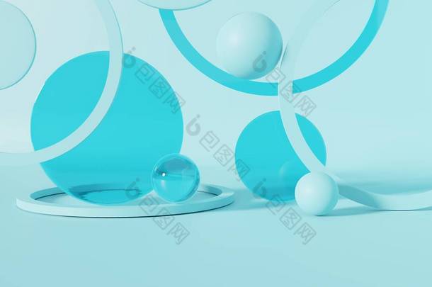 3D渲染工作室拍摄的产品<strong>展</strong>示<strong>背景</strong>透明的蓝色圆球，面板和戒指<strong>美容</strong>或瘦身产品.