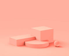 摘要三维粉红桃平台最小工作室背景.3D几何形状物体图解绘制。化妆品及美容美发产品展示.