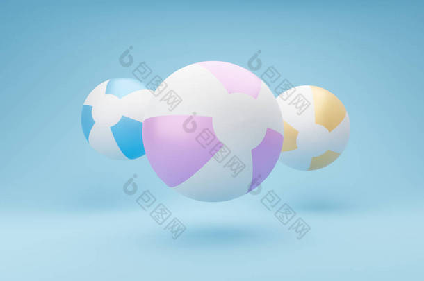 3D三个海滩球的例子。最小的概念与复制空间。夏季米色背景与充气海滩球，最小3D插图渲染