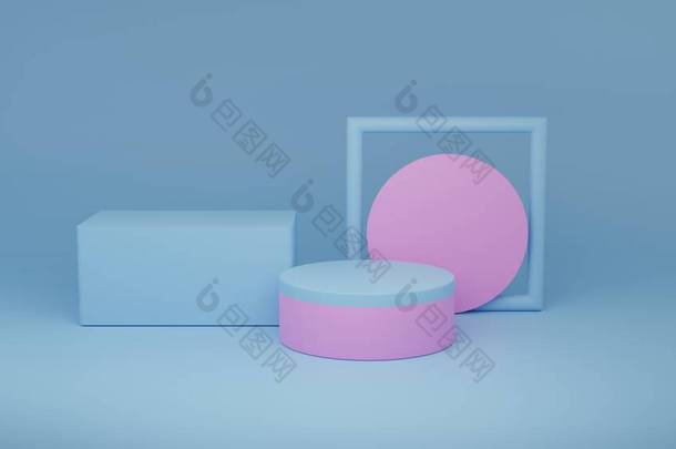 蓝色底座上的蓝色和粉色讲台产品3D渲染的空平台