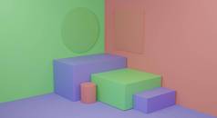 橙色背景的绿色和紫色讲台呈现3D 。产品3D渲染的空平台