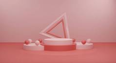 红色和橙色讲台粉红色背景3D渲染。产品3D渲染的空平台