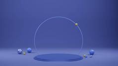 蓝色单色底座上圆形的3D渲染，文本或对象的空空间