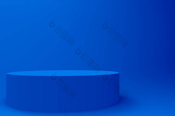 3D蓝色圆筒讲台最小工作室背景。摘要三维几何形体图解绘制.技术产品的展示.