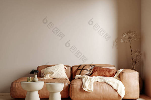 带有<strong>沙发</strong>和咖啡桌、<strong>米色</strong>客厅、 3D渲染的极简主义布荷族家居背景图