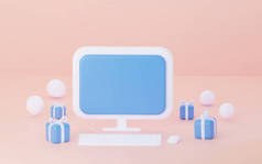 3D电脑，屏幕空白，粉色背景。3D渲染说明