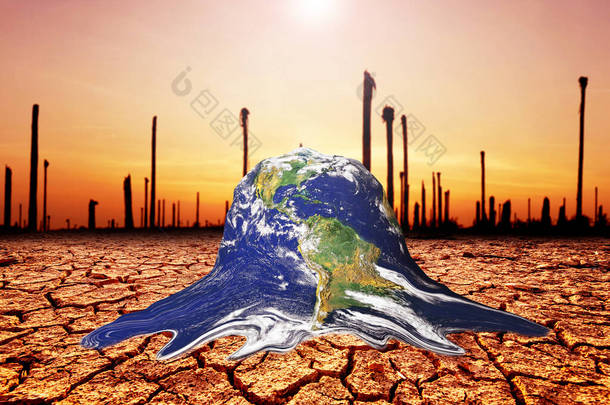 <strong>由于</strong>全球变暖，地球在干旱的土壤中融化。环境保护和减少全球变暖的概念