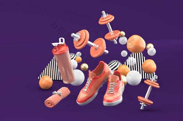 在紫色背景上五彩缤纷的球中，有哑铃、<strong>跑鞋</strong>、橙子