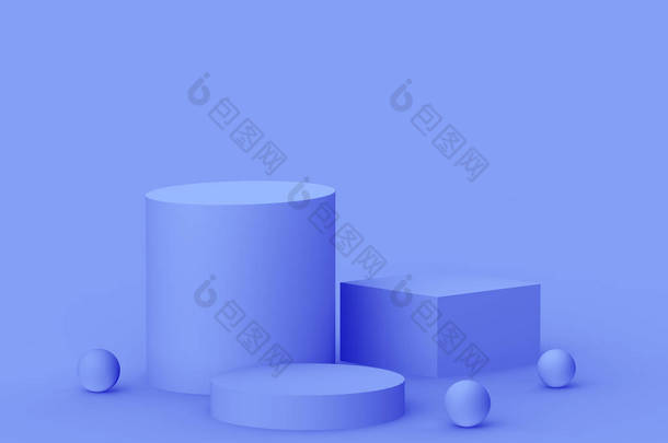 3D皇家蓝紫色平台最小工作室背景。摘要三维几何形体图解绘制.化妆品及美容美发产品展示.