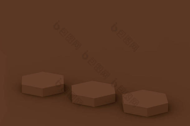 3D褐色深色六边形讲台最小工作室背景。摘要三维几何形体图解绘制.展示化妆品、美容和时尚产品.食物及饮品概念. 