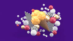 一种橙色的冰淇淋，被紫色背景上五彩缤纷的球环绕着。.