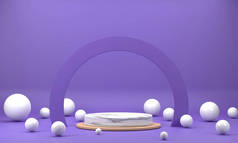 3D 。一个大理石圆形的讲台，一个半圆形的环，环绕着紫色的风景，上面有一个白色的球.