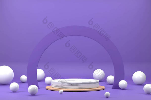 3D 。一个大理石圆形的讲台，一个<strong>半圆形</strong>的环，环绕着紫色的风景，上面有一个白色的球.